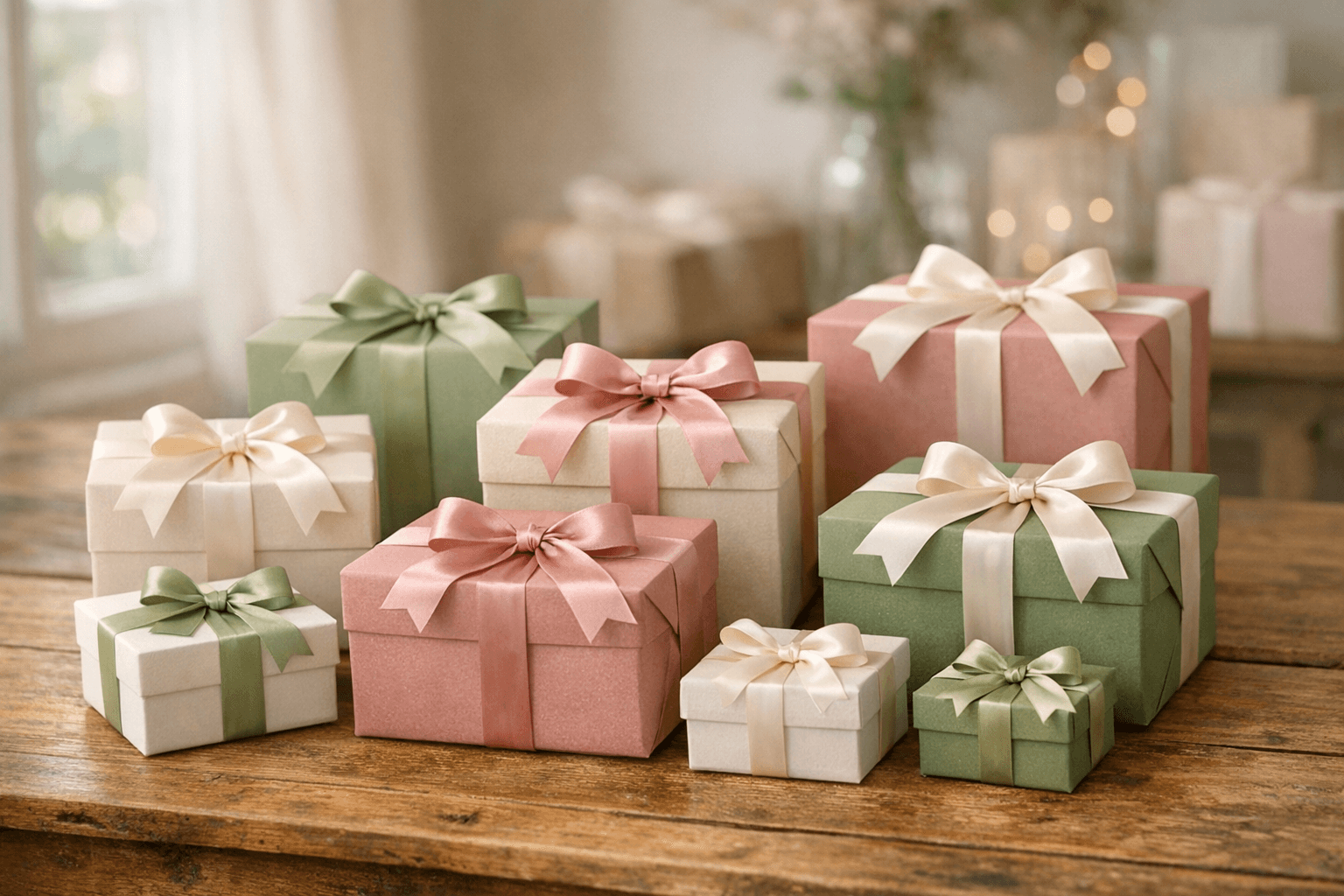 A collection of beautifully wrapped Odd Occasions gift boxes on a warm wooden table
